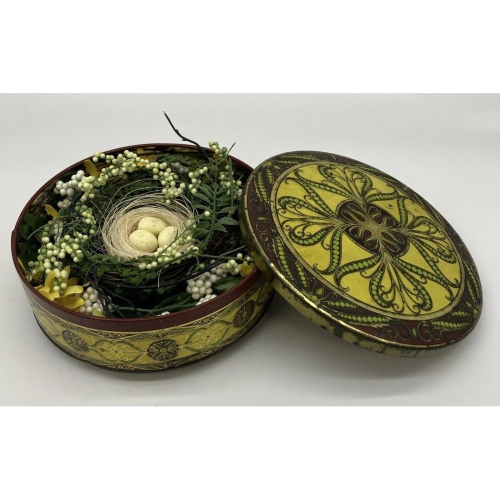 Vtg Floral Tin‎ Birds Nest Eggs Spring Decor Cottagecore Farmhouse Rustic Cabin
